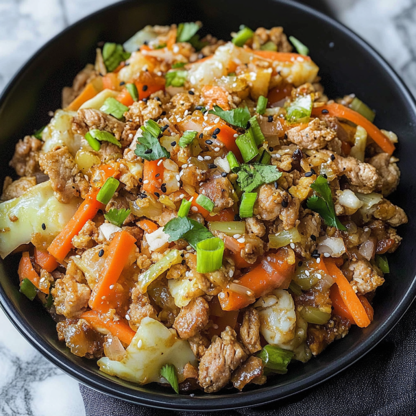 Une assiette de nourriture contenant des légumes et des viandes, avec des carottes et des oignons.