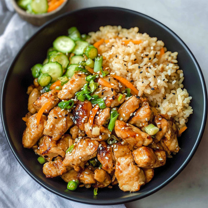 Une assiette de poulet frit avec des riz frits et des légumes.