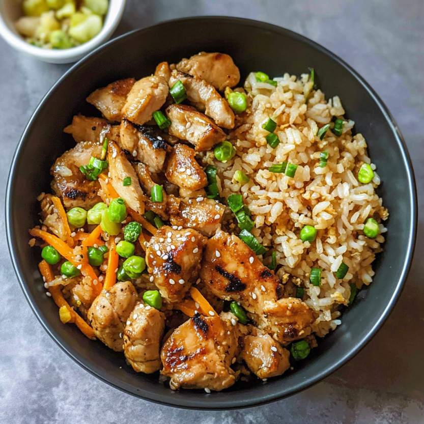 Une assiette de poulet grillé avec des riz brûlés.