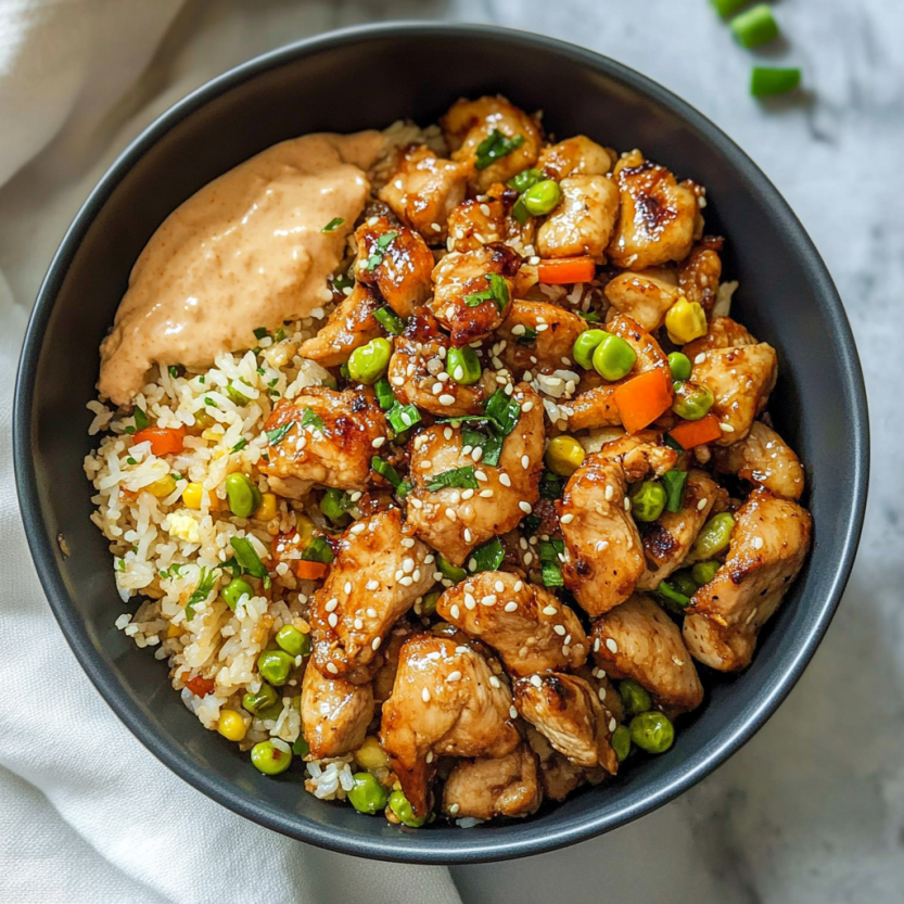 Une assiette de poulet grillé avec des fèves et du riz frit.
