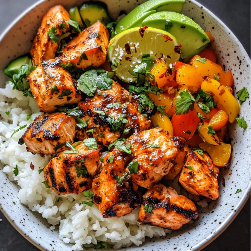 Un plat de poisson grillé avec des légumes verts et des tomates.