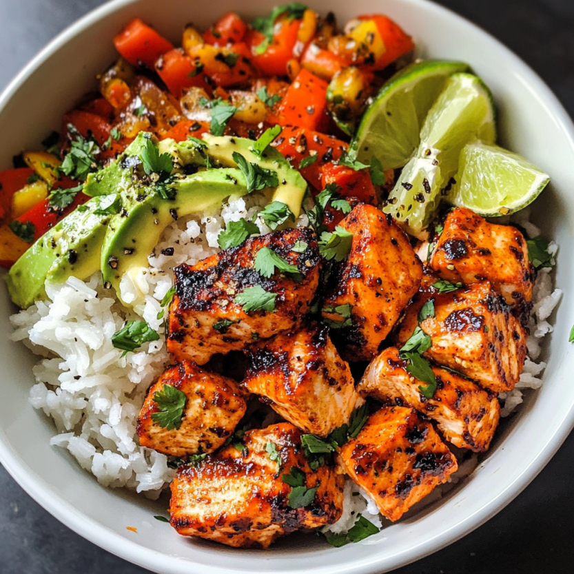 Un bol de chili lime salmon avec des légumes verts et des épices.