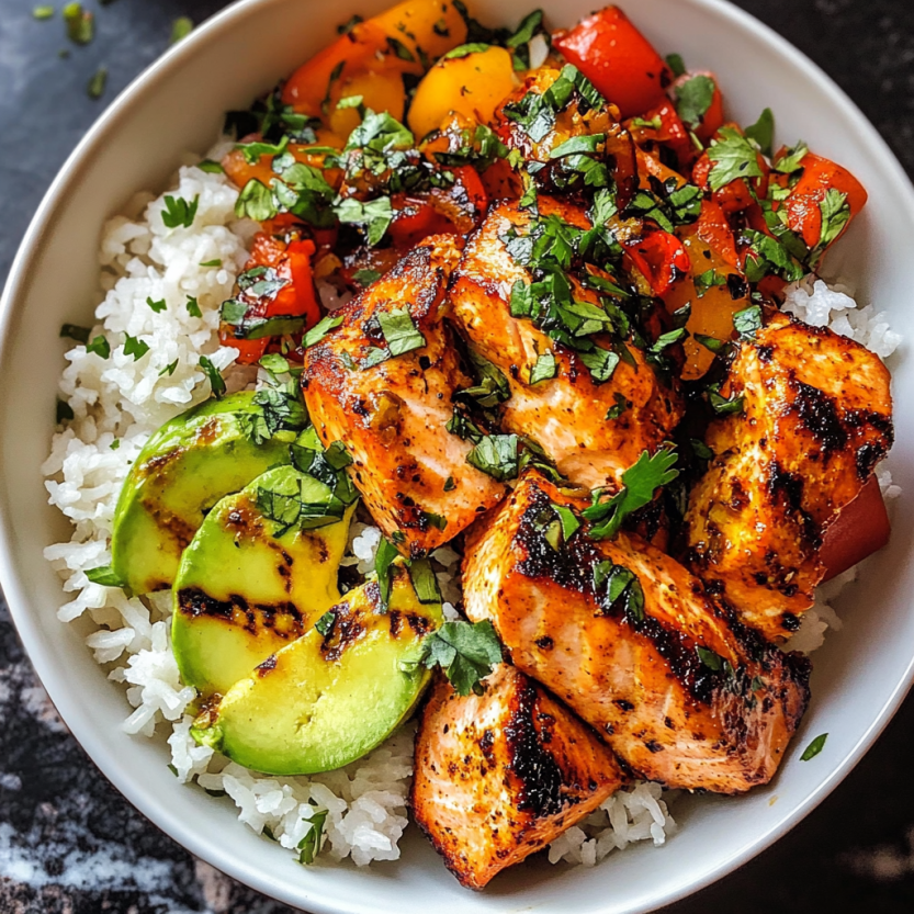 Une assiette de chili lime salmon avec des légumes verts et des herbes.