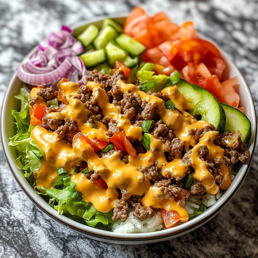 Une salade de cheeseburger avec des légumes et du fromage.
