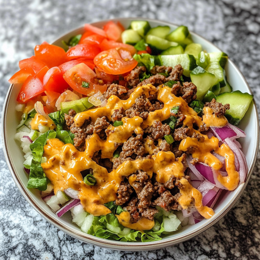 Une salade de cheeseburger dans un bol.