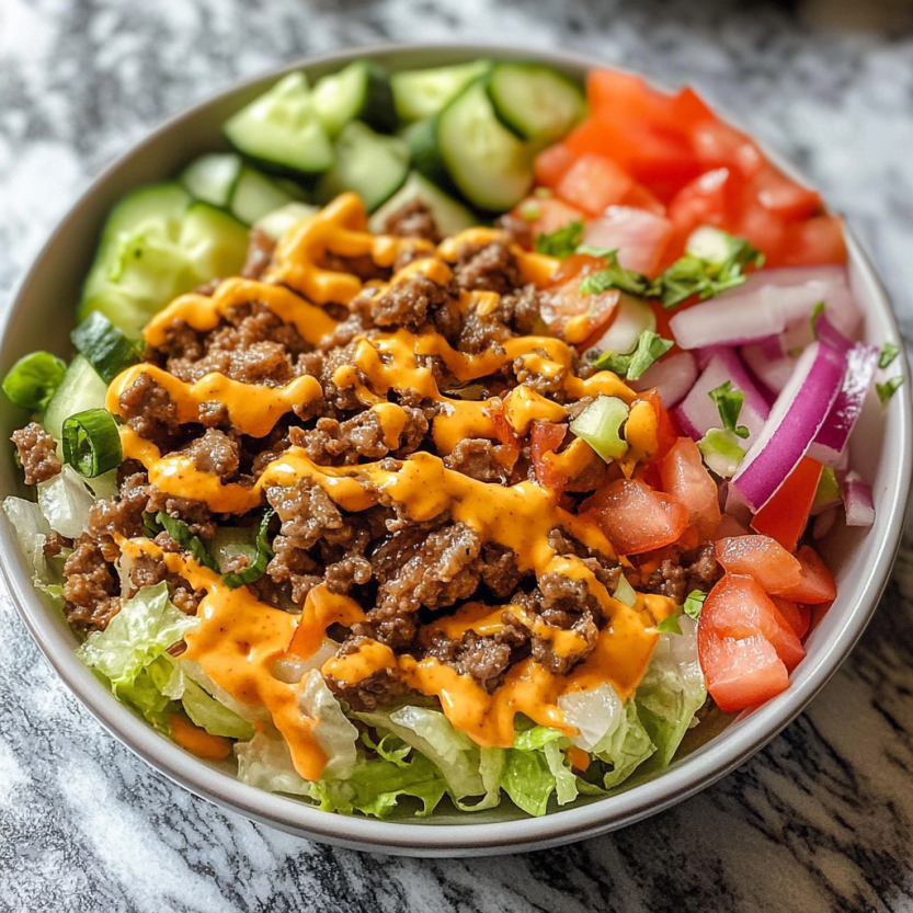 Une salade de cheeseburger dans un bol.