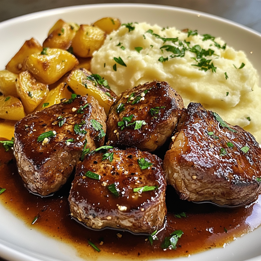 Une assiette de viande grillée avec des pommes de terre et des herbes, accompagnée de sauce.