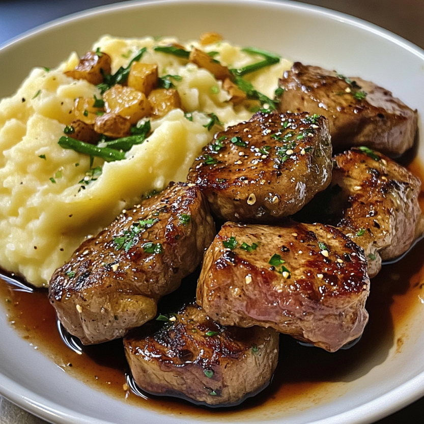 Une assiette de viande grillée avec des pommes de terre rôties et des herbes.