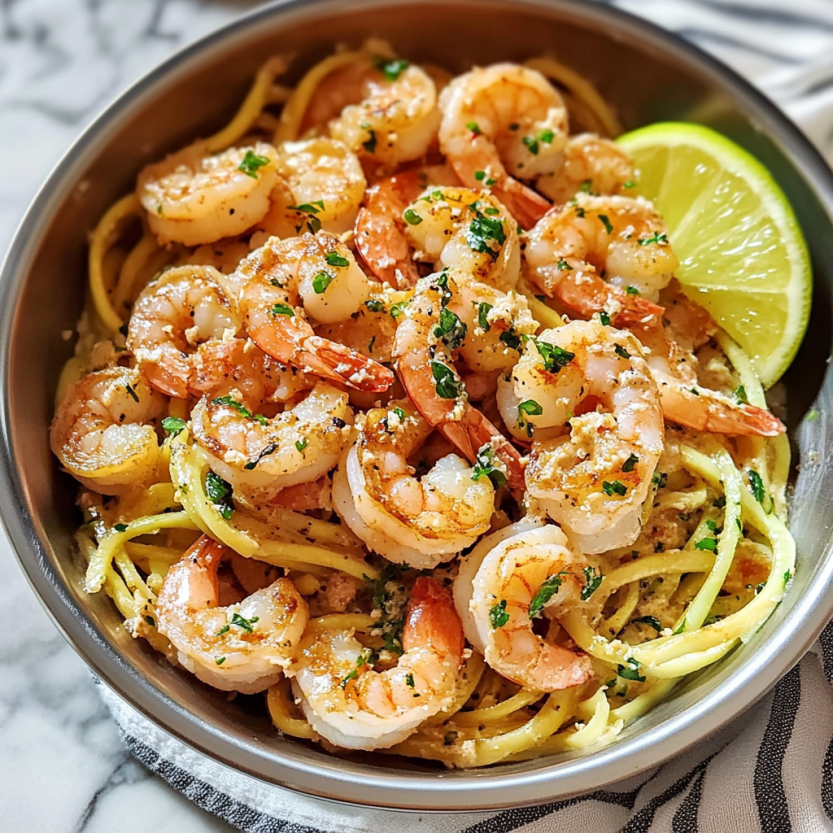 Une assiette de noodles avec des moules et des herbes.