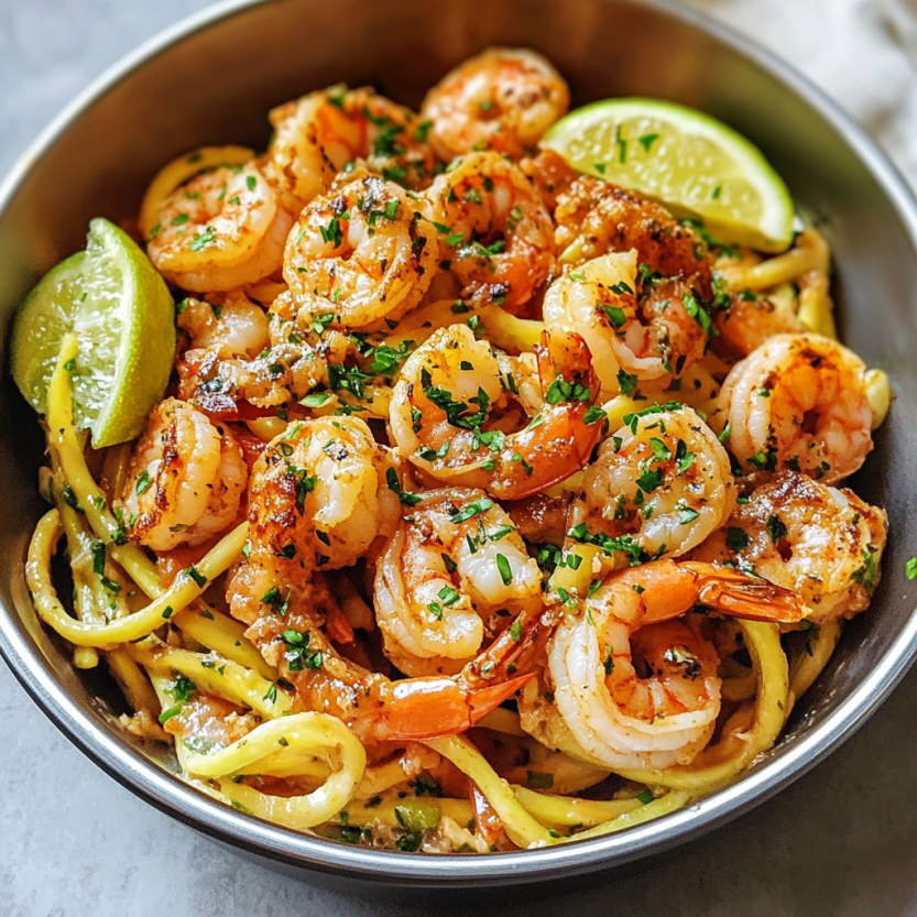 Une assiette de noodles avec des moules et des herbes.