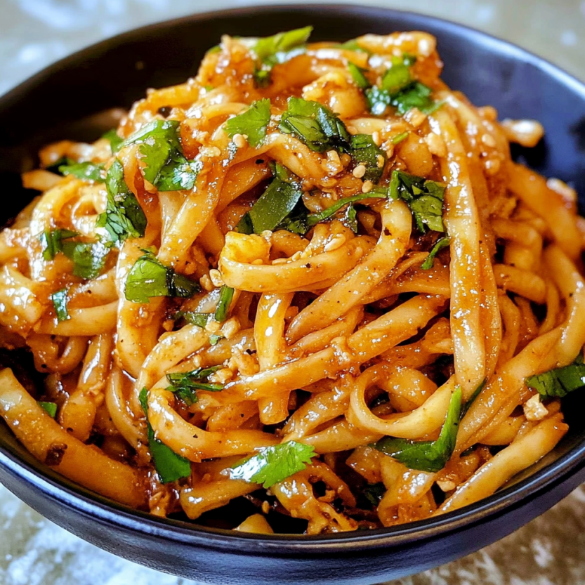Une assiette de noodles chili garlic.