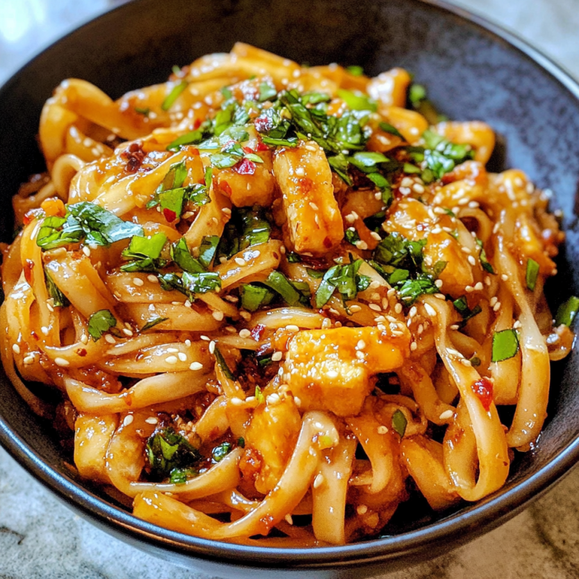Une assiette de noodles chili garlic.