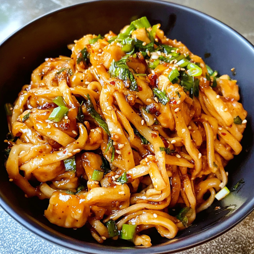 Une assiette de noodles chili garlic.