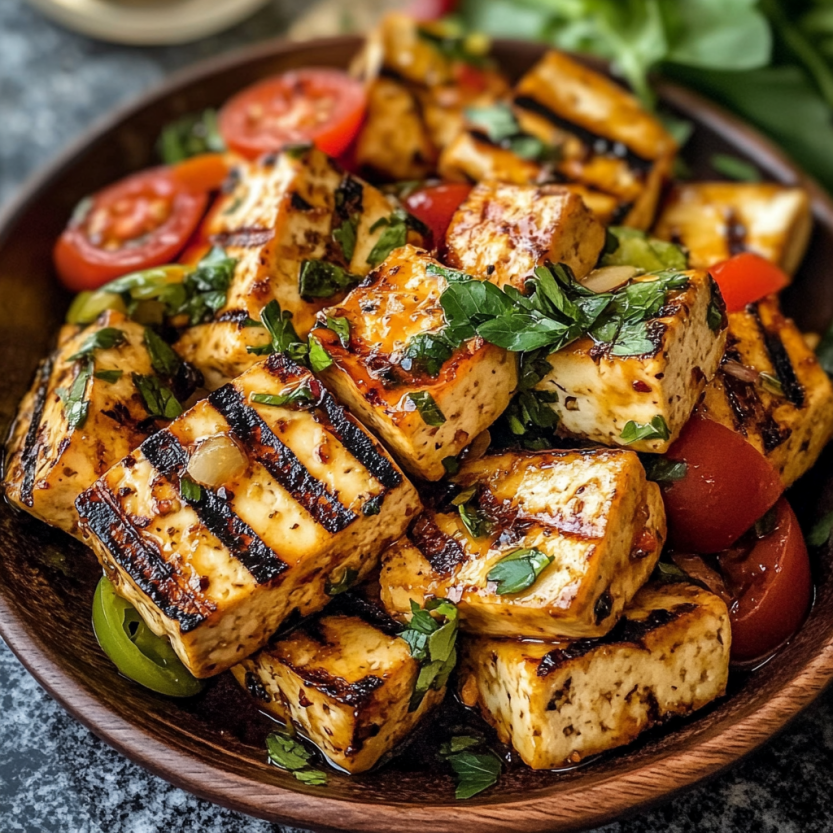 Une assiette de tofu grillé avec une marinade zesteuse.