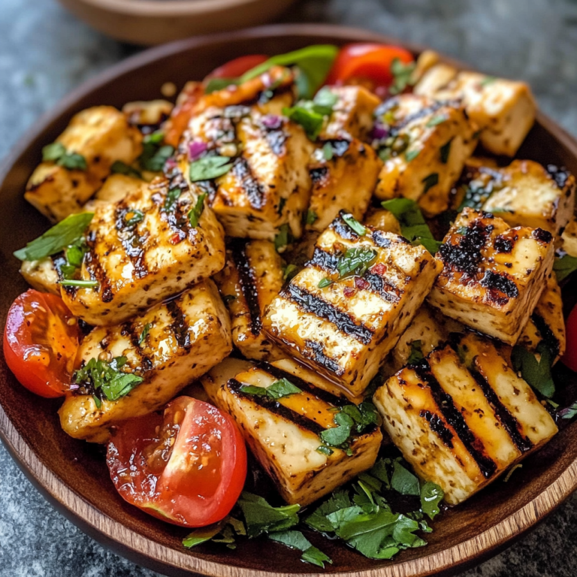 Une assiette de tofu grillé avec une marinade zesteuse.