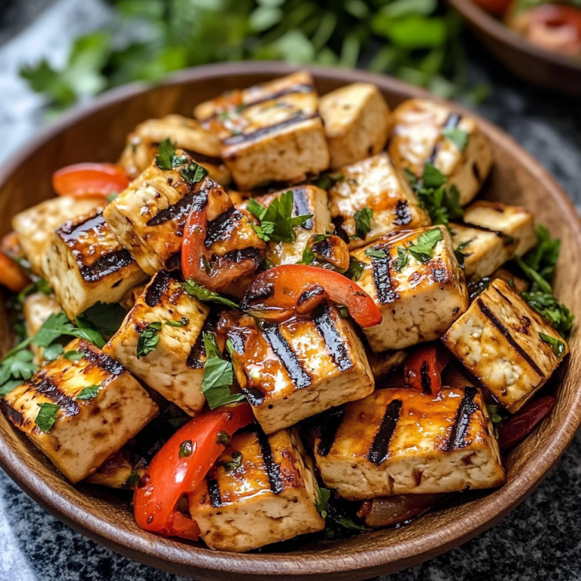 Une assiette de tofu grillé avec une marinade zesteuse.