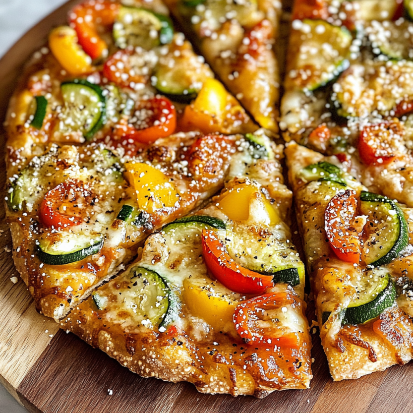 Une pizza végétarienne avec des courgettes et des poivrons.