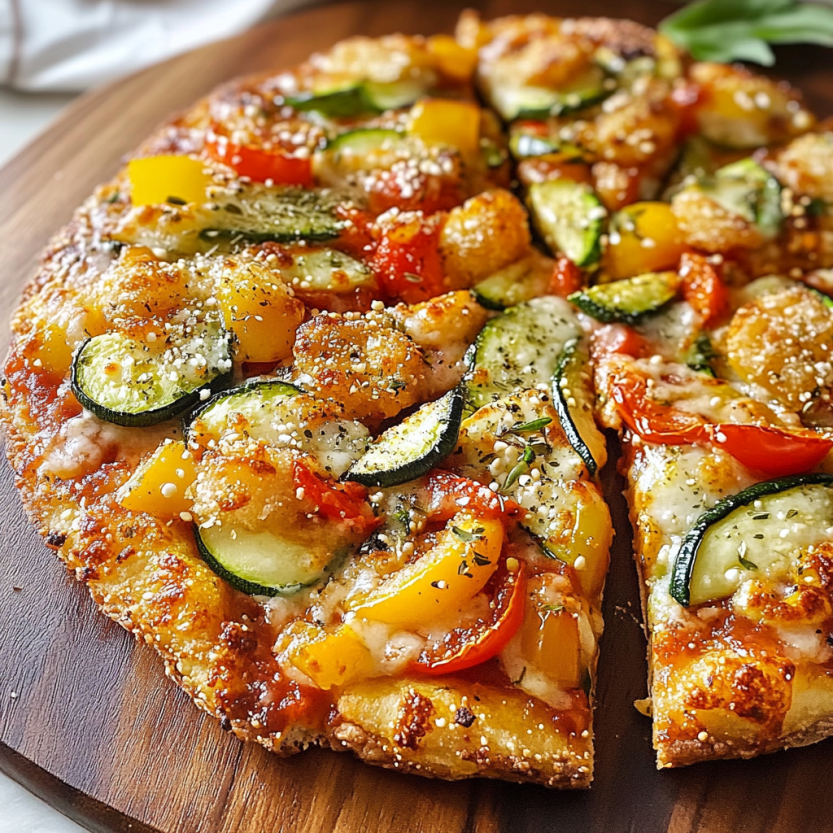 Une pizza végétarienne avec des courgettes et des poivrons.