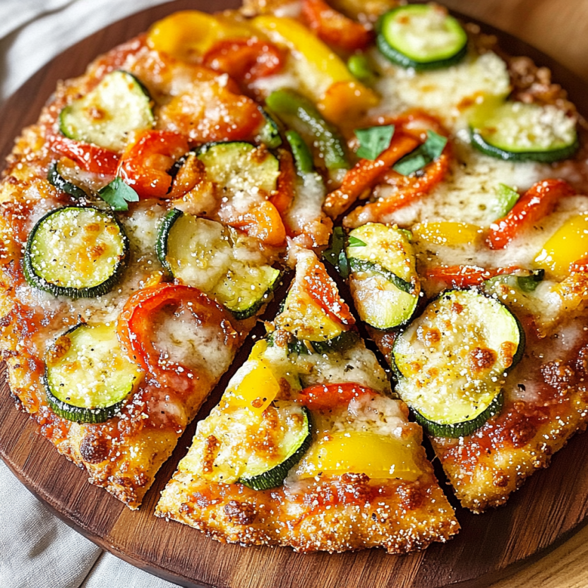 Une pizza végétarienne avec des courgettes et des poivrons.