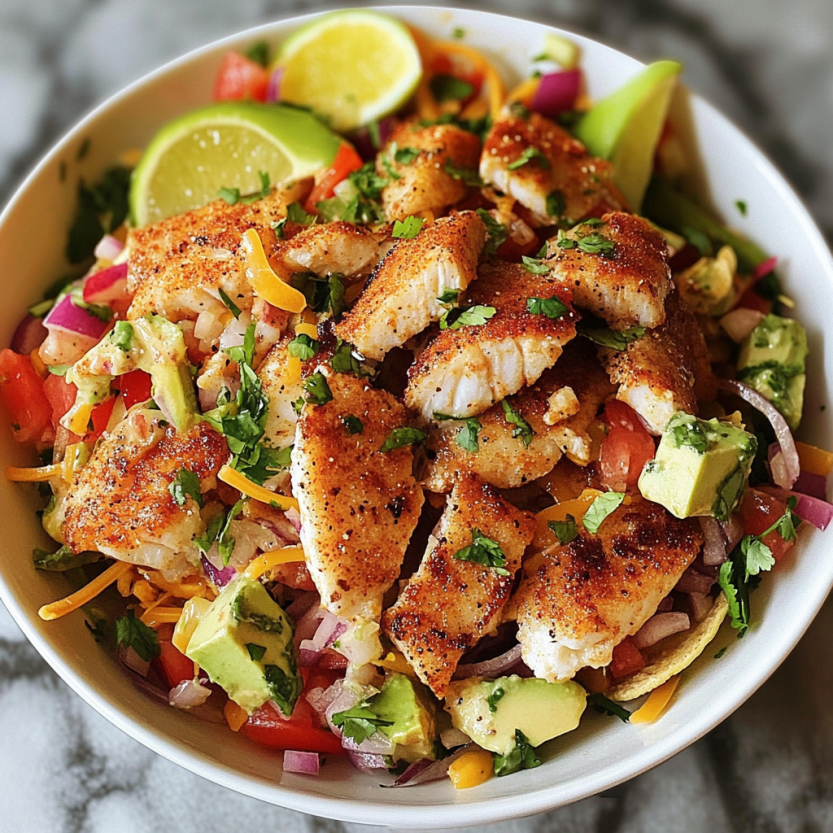 Une salade de poisson avec des légumes et des avocats.