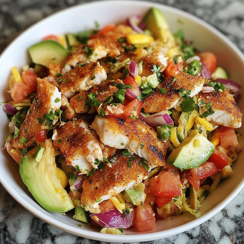 Une salade de poisson avec des tomates, des avocats et des épinards.