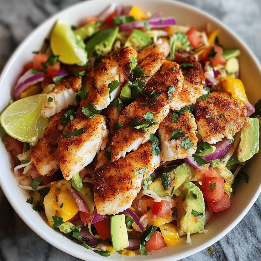 Une salade de poisson avec des légumes et des tomates.