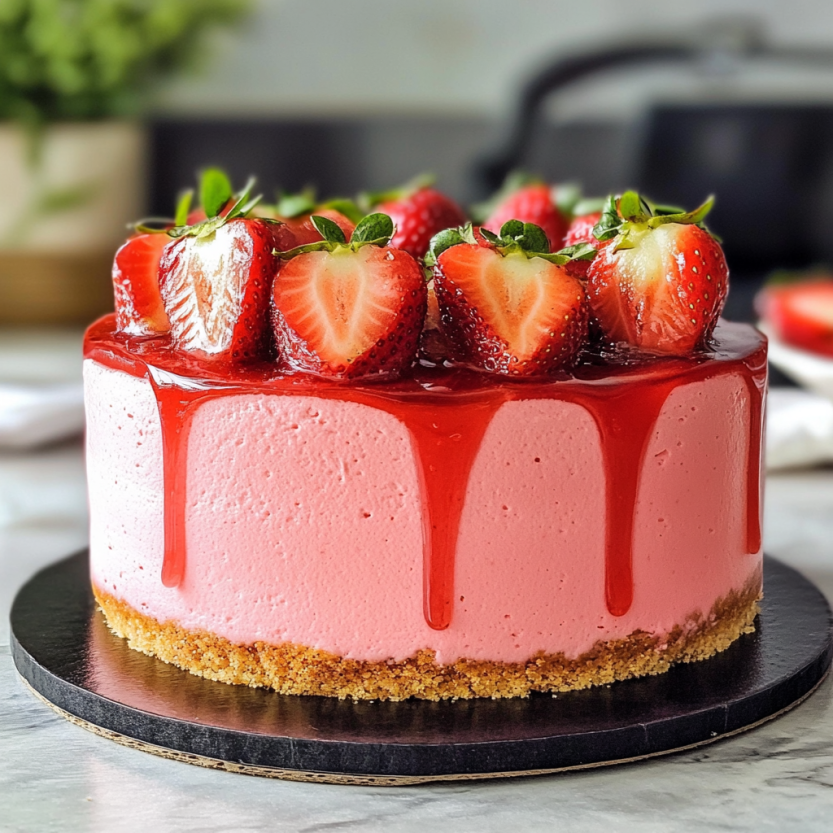 Une tarte aux fraises en forme de cake, avec des fraises sur le dessus et des crustacés sur le dessous.