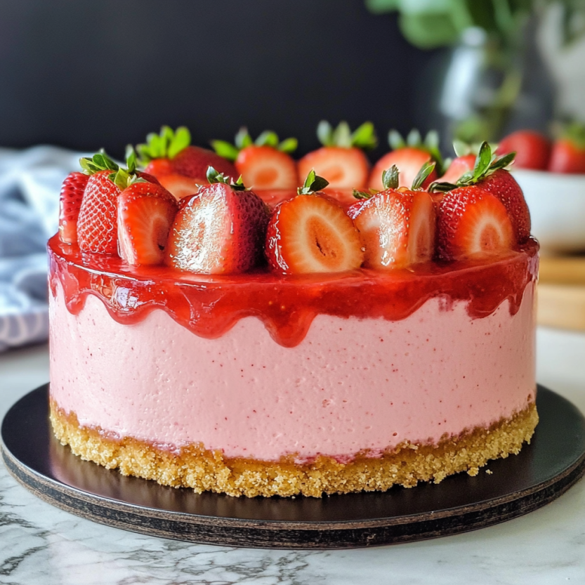 Une tarte aux fraises en forme de cake, avec des fraises sur le dessus et des fruits frais sur le dessus.