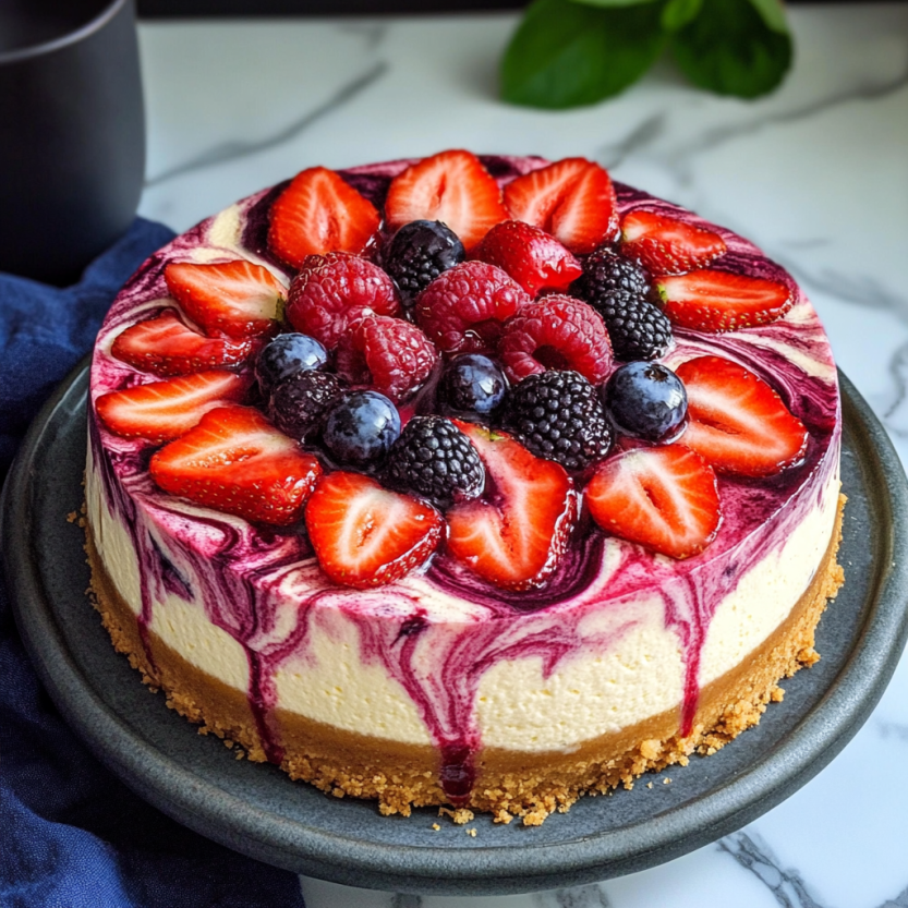 Une tarte aux fraises avec des baies et des fraises sur le dessert.