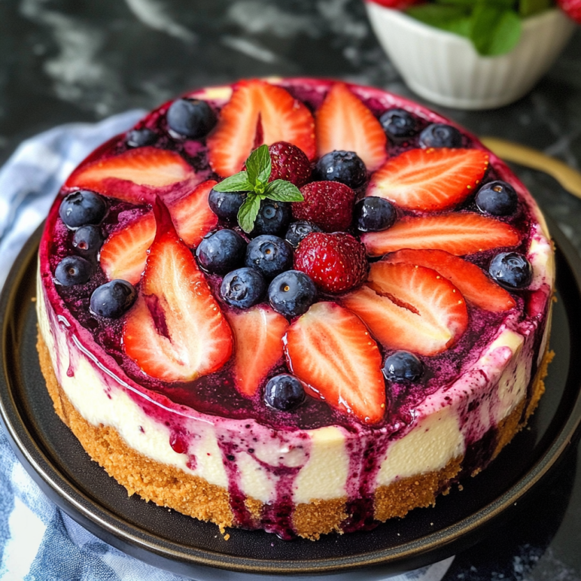 Une tarte aux fruits en forme de cake, avec des fruits rouges et bleus, des baies et des crustacés.