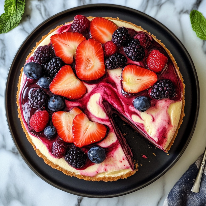 Une tarte aux fruits rouges et noires sur un plateau.