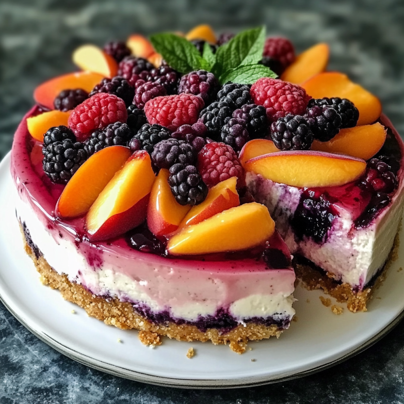 Une tarte aux fruits de cerise et de poire, avec des fruits frais et des feuilles de menthe.