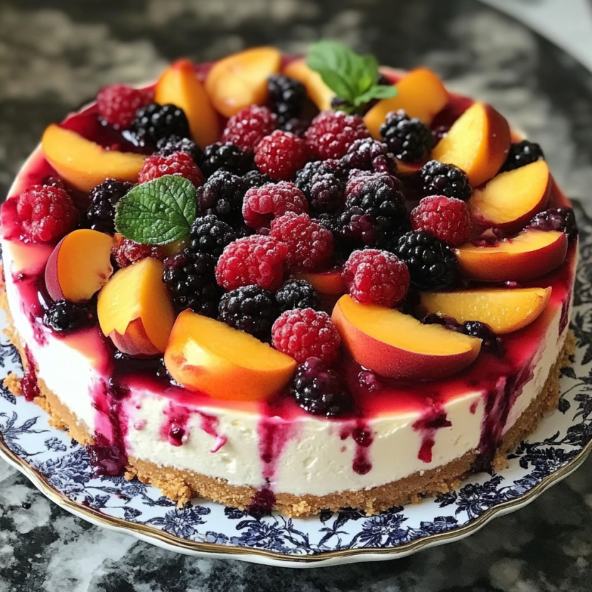 Une tarte aux fruits de cerise et de poire sur un plateau.