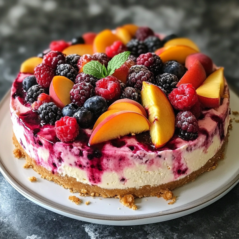 Une tarte aux fruits de cerise et de poire, avec des fruits frais et des herbes vertes.