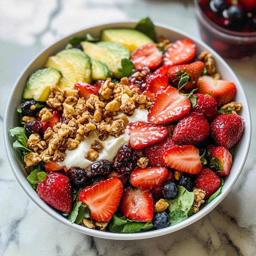 Un plat de salade contenant des fraises, des baies, des avocats, des noix, des céréales et des fruits rouges.