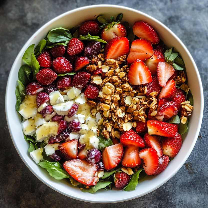Une salade de fruits composée de fraises, de baies, de noix et de laitue, servie dans un bol.