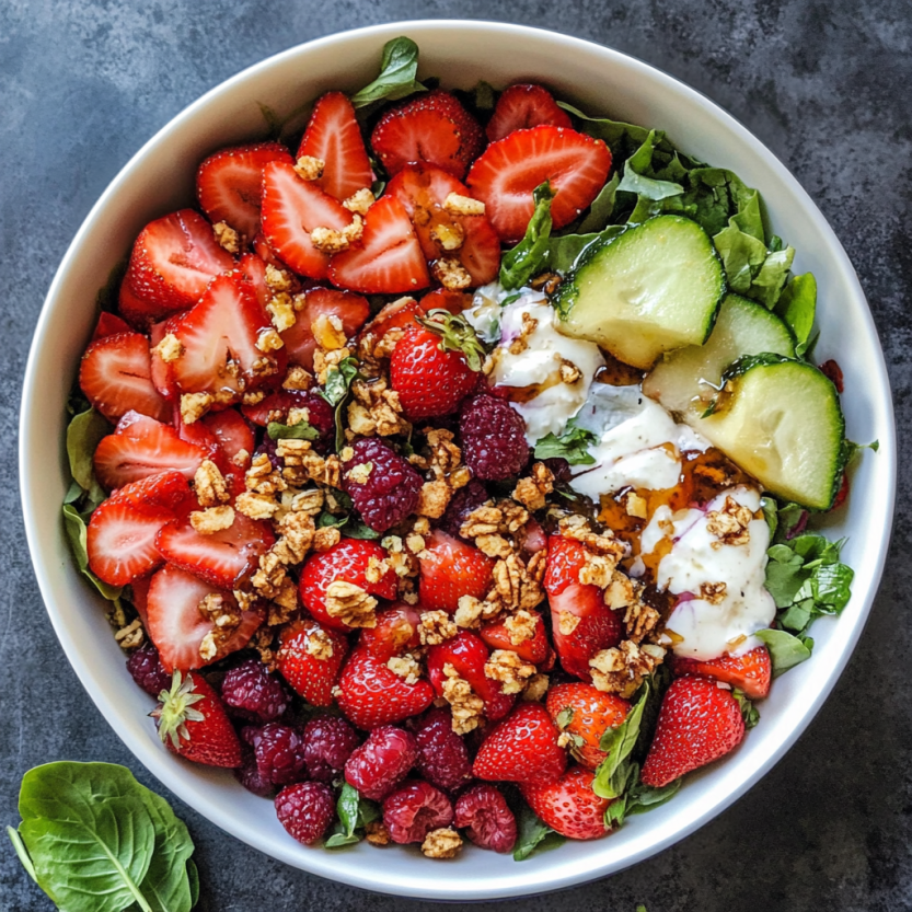 Un plat de salade contenant des fraises, des cucumbers, des noix et des baies.