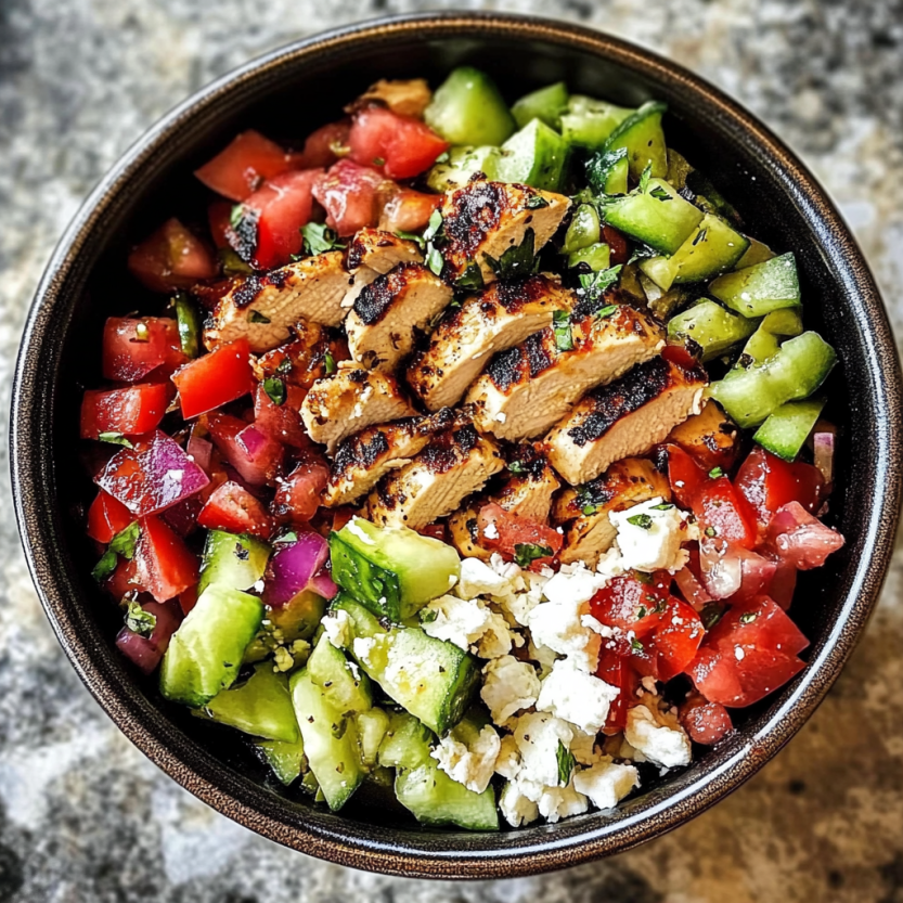 Un bol de salade avec des légumes et des morceaux de poulet grillé.
