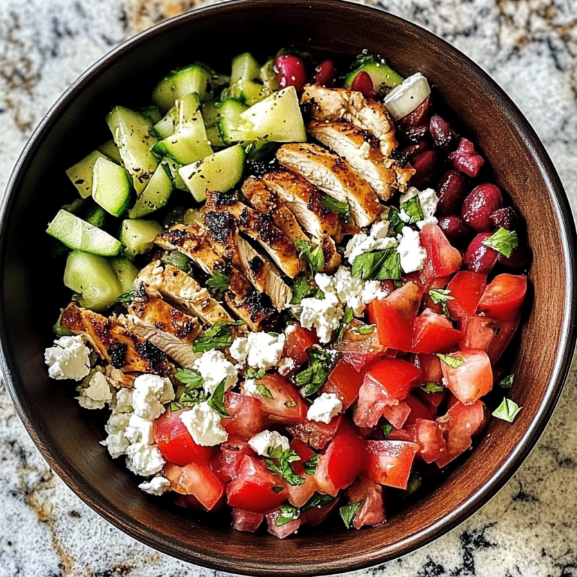 Un bol de salade avec des légumes et des viandes grillées.