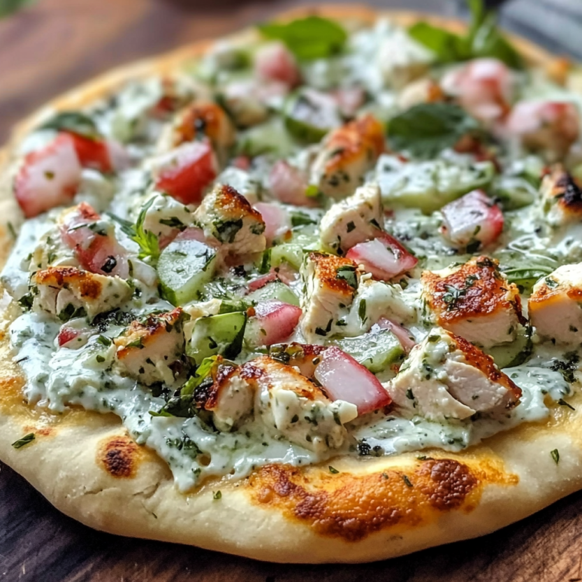 Une pizza avec des légumes et des chicken.