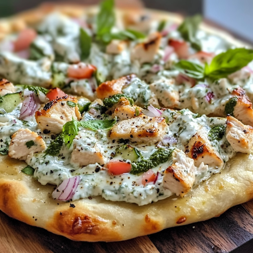 Une pizza avec des légumes verts et des légumes rouges.