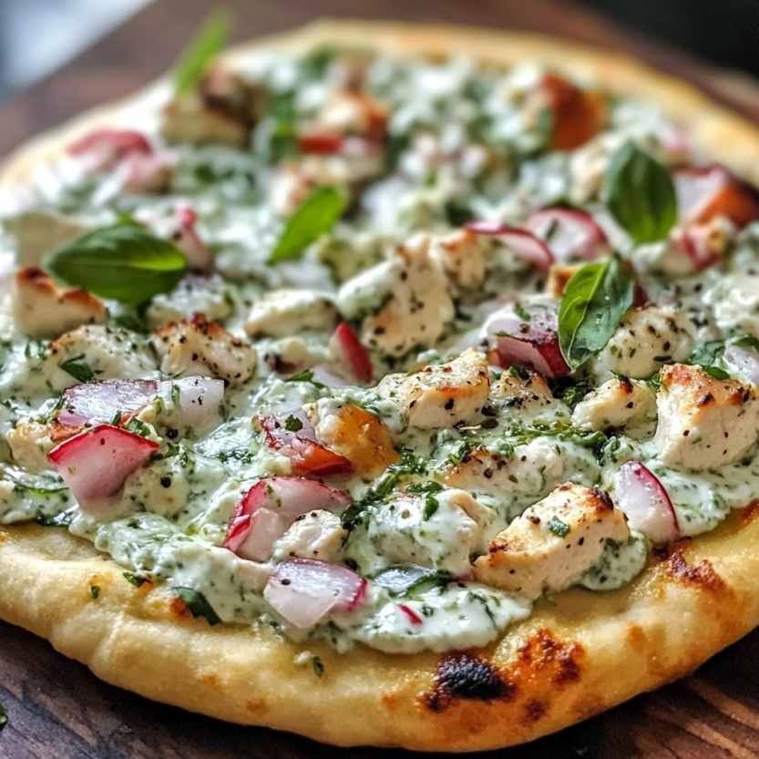 Une pizza maison avec des légumes et des légumes verts.