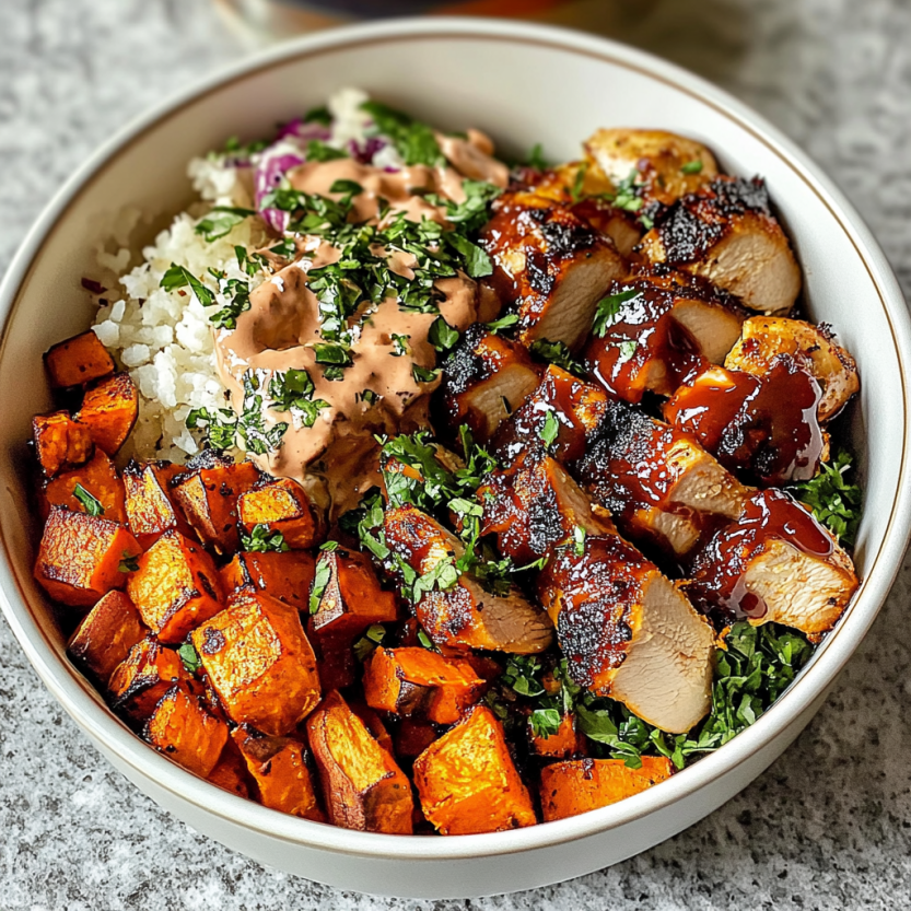 Un plat de BBQ chicken et de pommes de terre rôties.