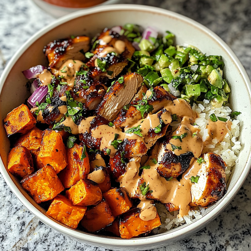 Un plat de BBQ chicken et de papas douces rôties.