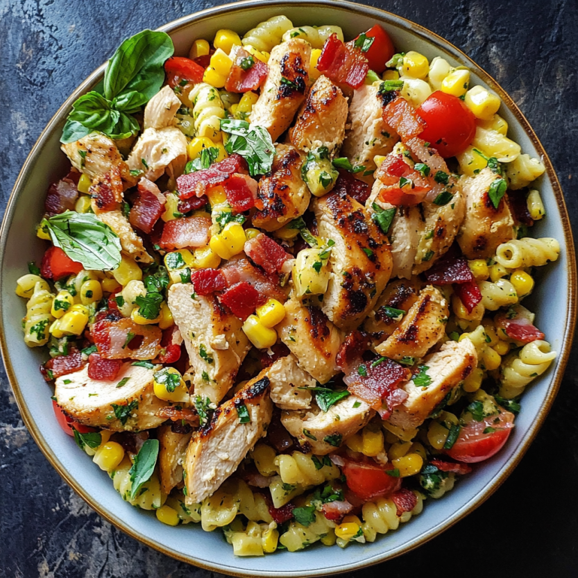 Une salade de pâtes avec des légumes et des viandes grillées.