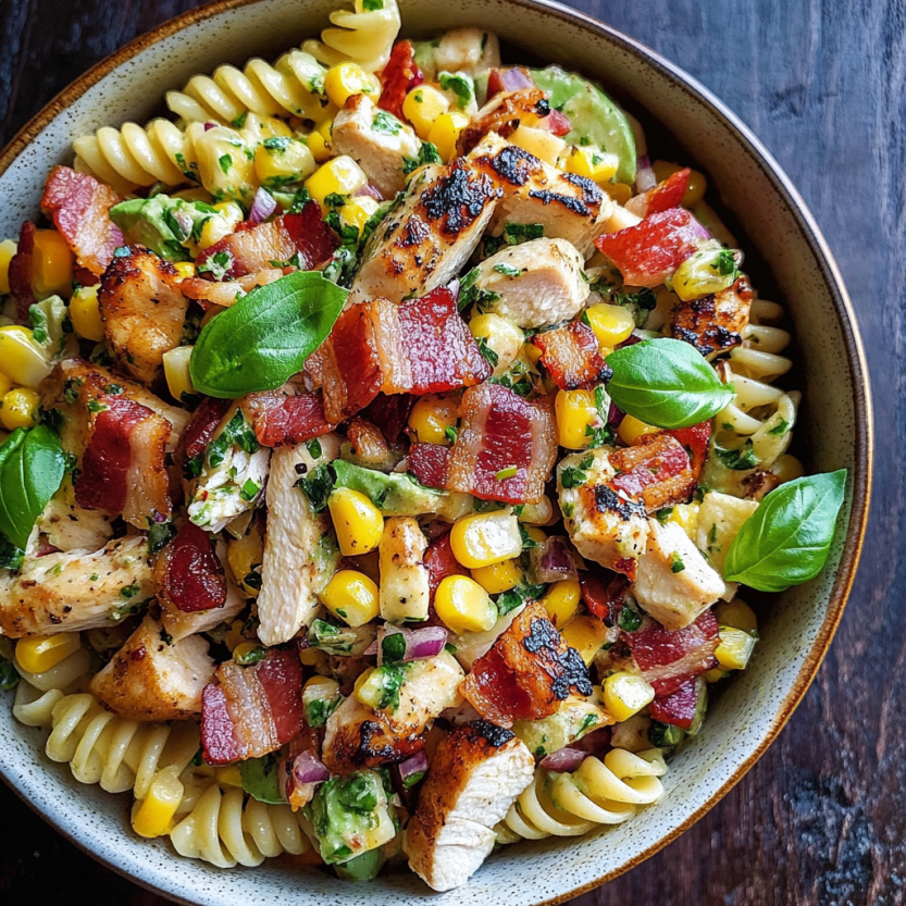 Une salade de pasta avec des légumes et des viandes grillées.