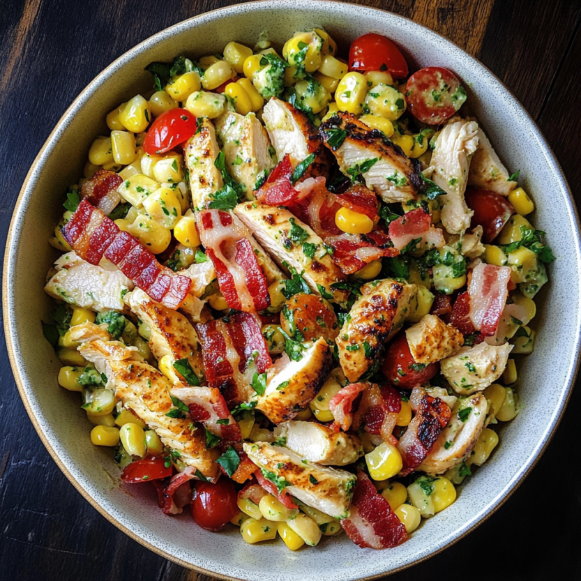 Une salade de pâtes avec des légumes et des viandes, y compris des bacon.