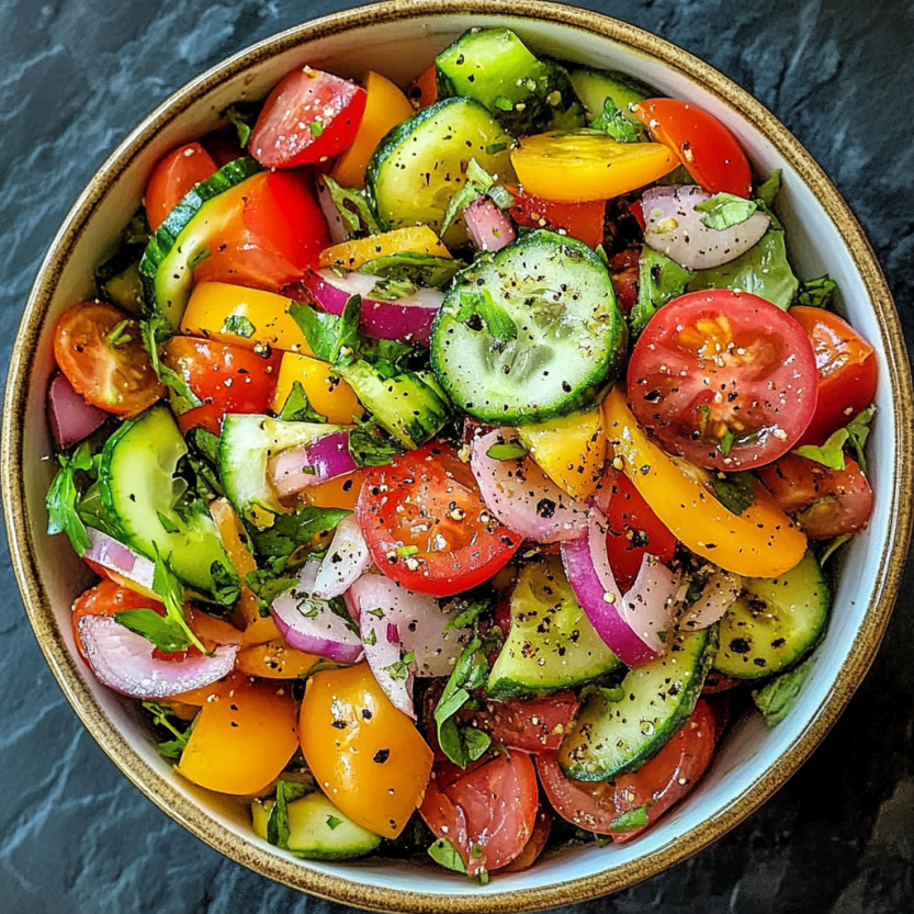 Une salade de tomates, de cucumbers, de concombre et de poivrons, servie dans un bol.