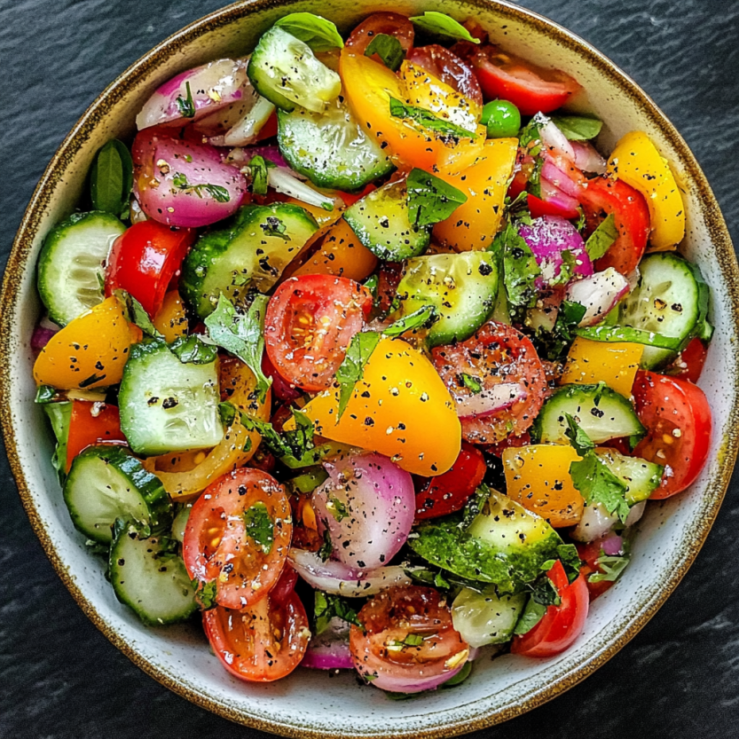 Une salade de tomates, de cucumbers, de poivrons et de concombre.