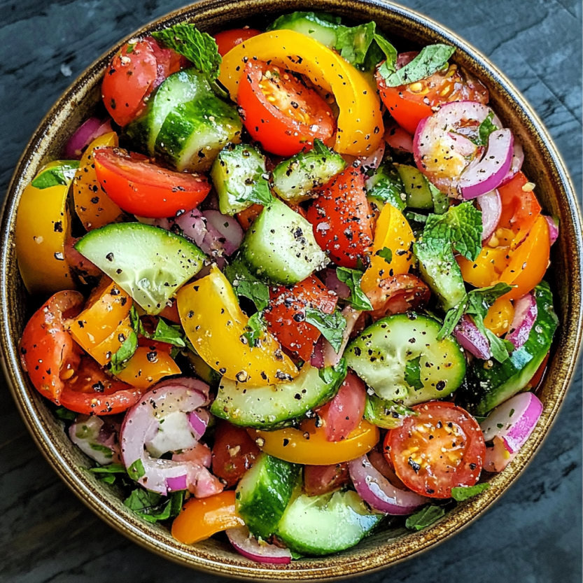Une salade de tomates, de cucumbers, de concombre et de basilic.